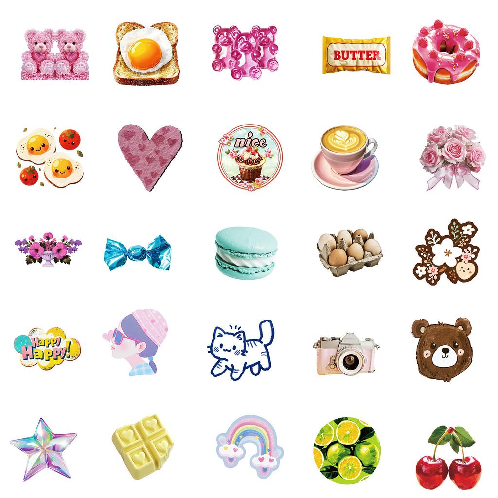 50 New Style Ins Style Girl Graffiti Stickers Cute Cat Dessert Doll Waterproof Stickers