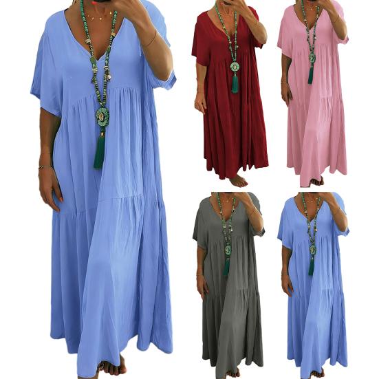 Summer Cotton Linen Dress for Women Oversized Loose Beach Sundress Short Sleeve V Neck Casual Flowy Long Dress