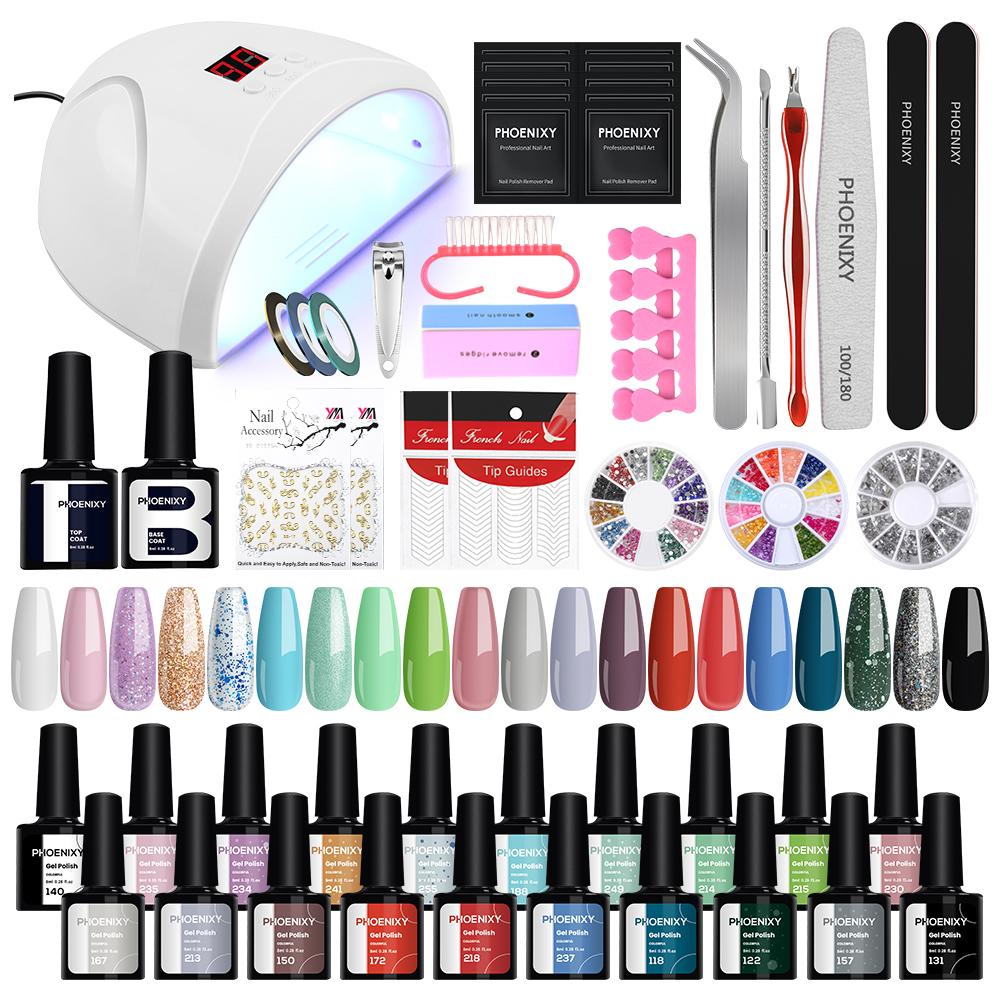 PHOENIXY Gel Nail Kit Gel Varnish with 36W Nail Lamp 20Colors White Black Gel Nail Polish Kit Glossy & Matte Gel Top Base Coat Manicure Tools Nail Art