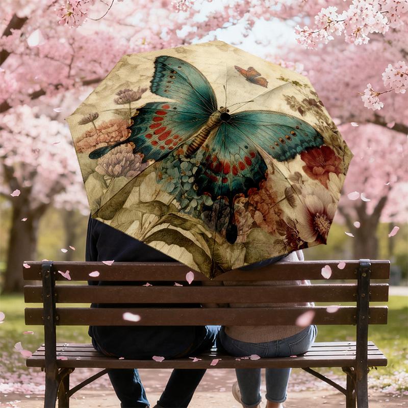1pc Butterfly Flowers Automatic Folding Umbrella, Heavy Duty 8 Rib Iron Frame,  Suitable for Travel, Daily Use, Birthday, Decor Gift m0104088