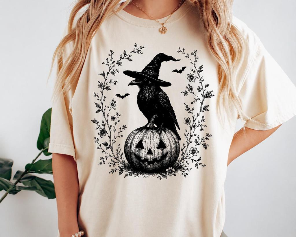 Halloween Crow Pumpkin Shirt, Vintage Raven Witch Tee, Gothic Cottagecore Floral Graphic, Spooky Season Fall Gift, Halloween Party