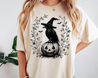 Halloween Crow Pumpkin Shirt, Vintage Raven Witch Tee, Gothic Cottagecore Floral Graphic, Spooky Season Fall Gift, Halloween Party
