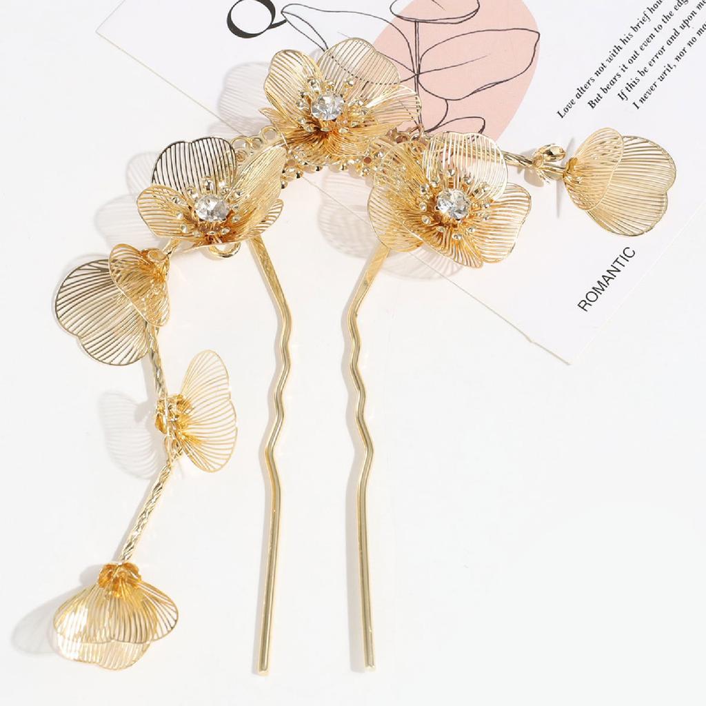 1PC New Chinese, Golden, Flower, Tassel, Hairpin, U-Shape Rhinestones, Chinese Style, Premium Feeling, Super Fairy, Hairpin, Tem
