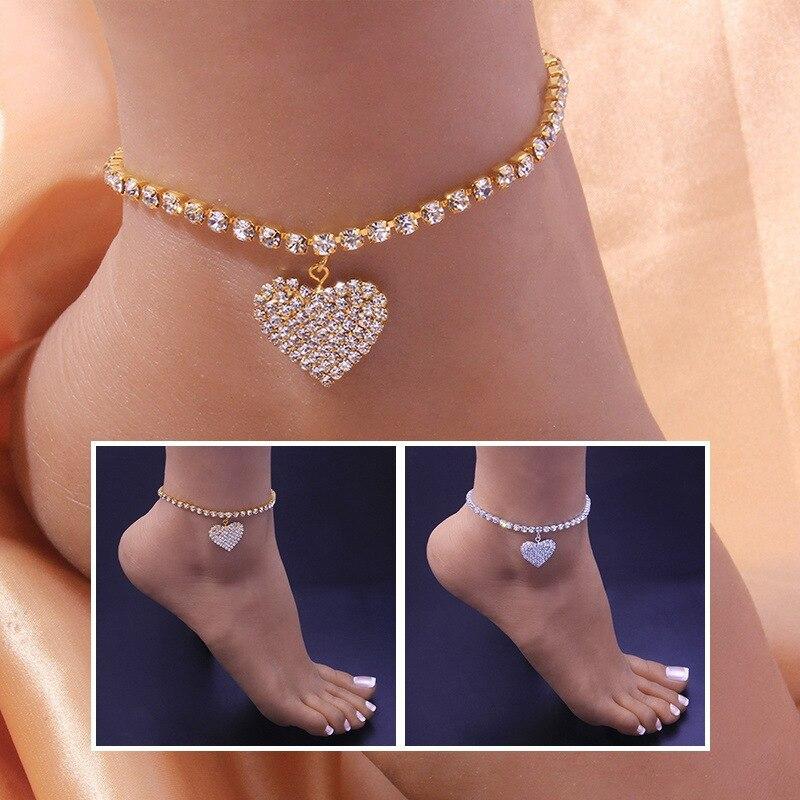 2pcs Gold Plus Silver Anklets For Men And Women Simple Fashion Alloy Crystal Love Full Of Diamonds Body