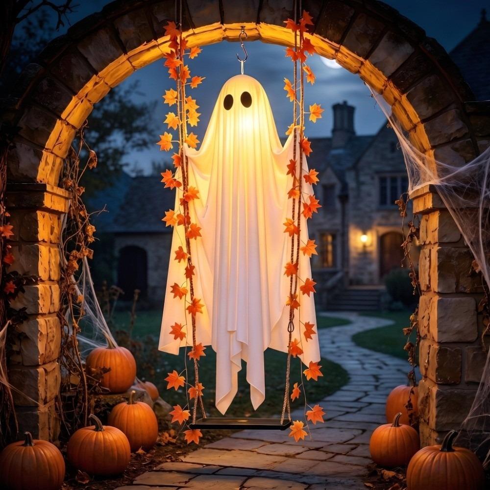 Large Hanging Swing Ghost Halloween Decoration Adjustable Scary Decor Maple Leaf Ghost Swing Light Funny Glowing