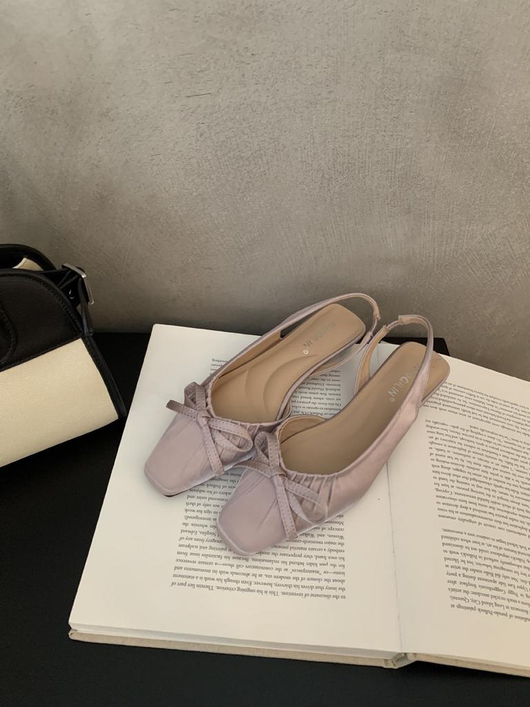 French Beauty Bow Pointed Head Sandals 2025 New Satin Back Strap Thick Heel Single Shoes