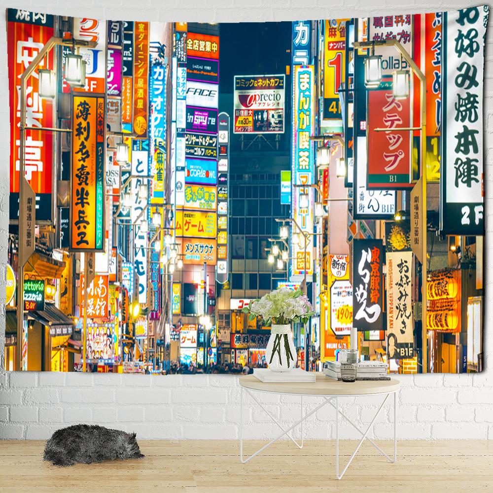 Tapestry s nočním pohledem na Tokio Psychedelická látka na pozadí čarodějnictví Nástěnná dekorace Cikánský domov Dekorace místnosti