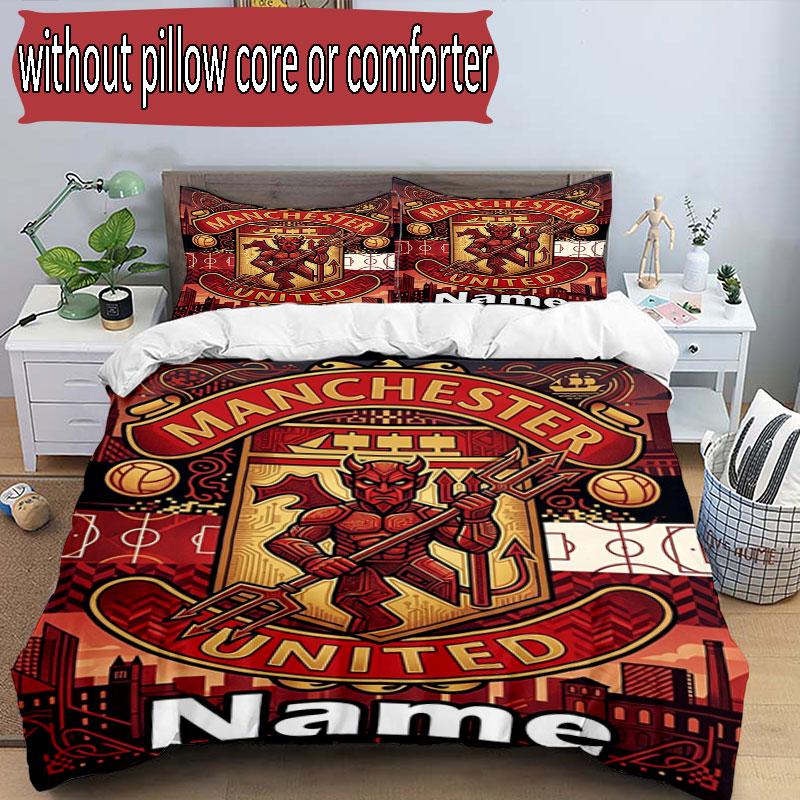 3pcs Duvet Cover Set (1*Duvet Cover + 2*Pillowcase, Without Core), Custom Name Manchester United Pattern Bedding Set, Home Bedroom Decor Gift