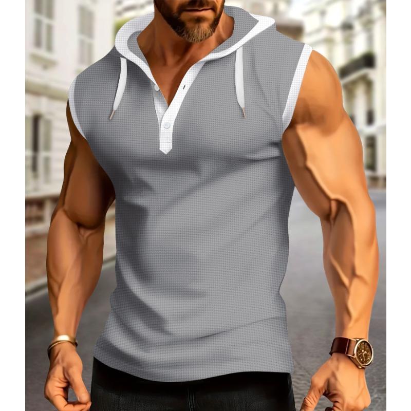 Summer Fashion Plaid Short Sleeved Hooded Zipper Cardigan T-shirt Men's Sleeveless T-shirt Men's Top