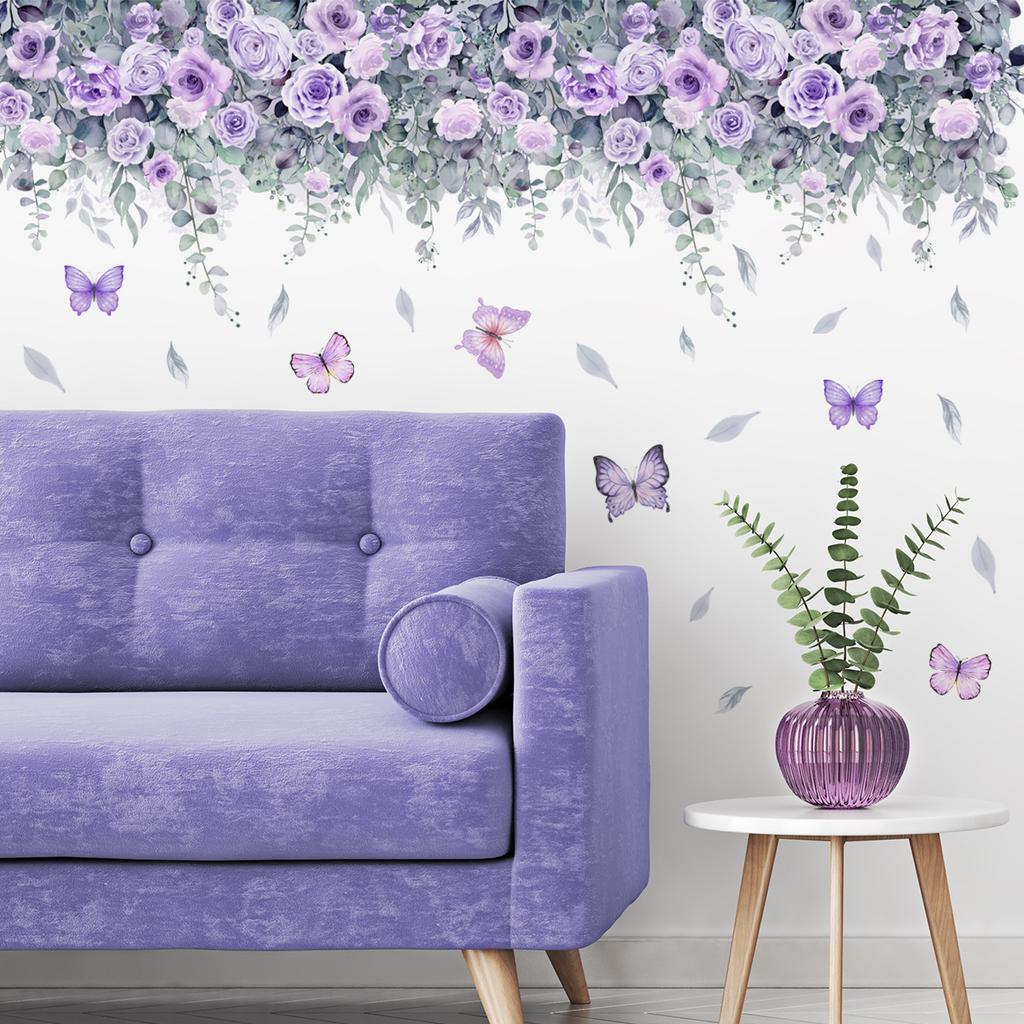 DIY Purple Lavender Living Room Wall Stickers Decor Self-adhesive Flowers Butterfly Wall Decals Mural Bedroom Home Decorations