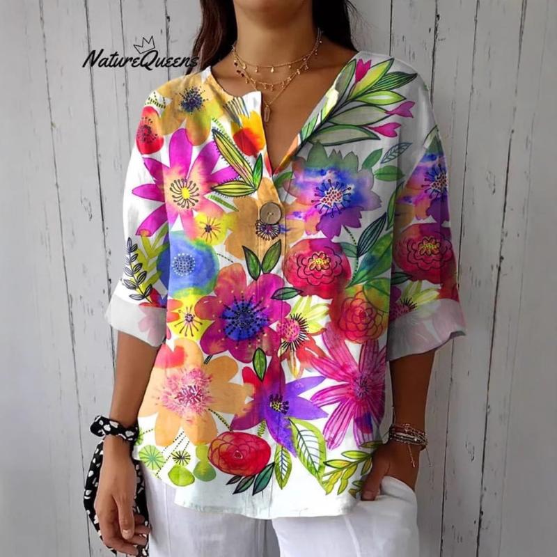 New European and American Women's Clothing Spring and Autumn Hot Buttoned V-neck Fashion Printed T-shirt Loose Long-sleeved Top