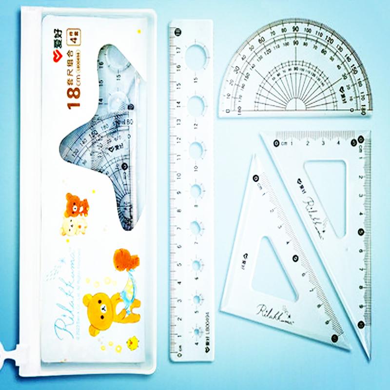 4pcs/set Aihao Lb00494 Rilakkuma Ruler Set Plastic Geometry Maths Square Drawing Compass Stationery Angle Rulers For School