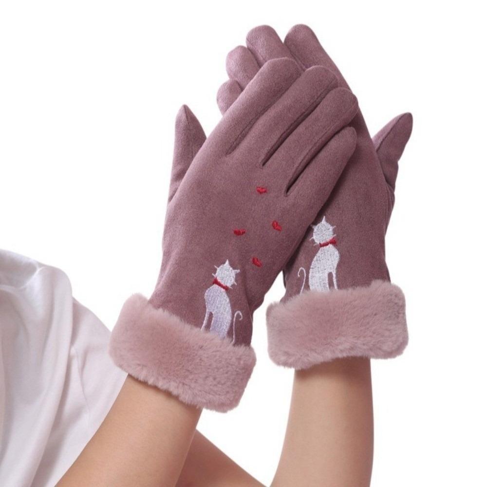 New Warm Winter Gloves Windproof Full Finger Driving Mittens Coldproof Cat Embroidery Touch Screen Gloves Autumn and Winter