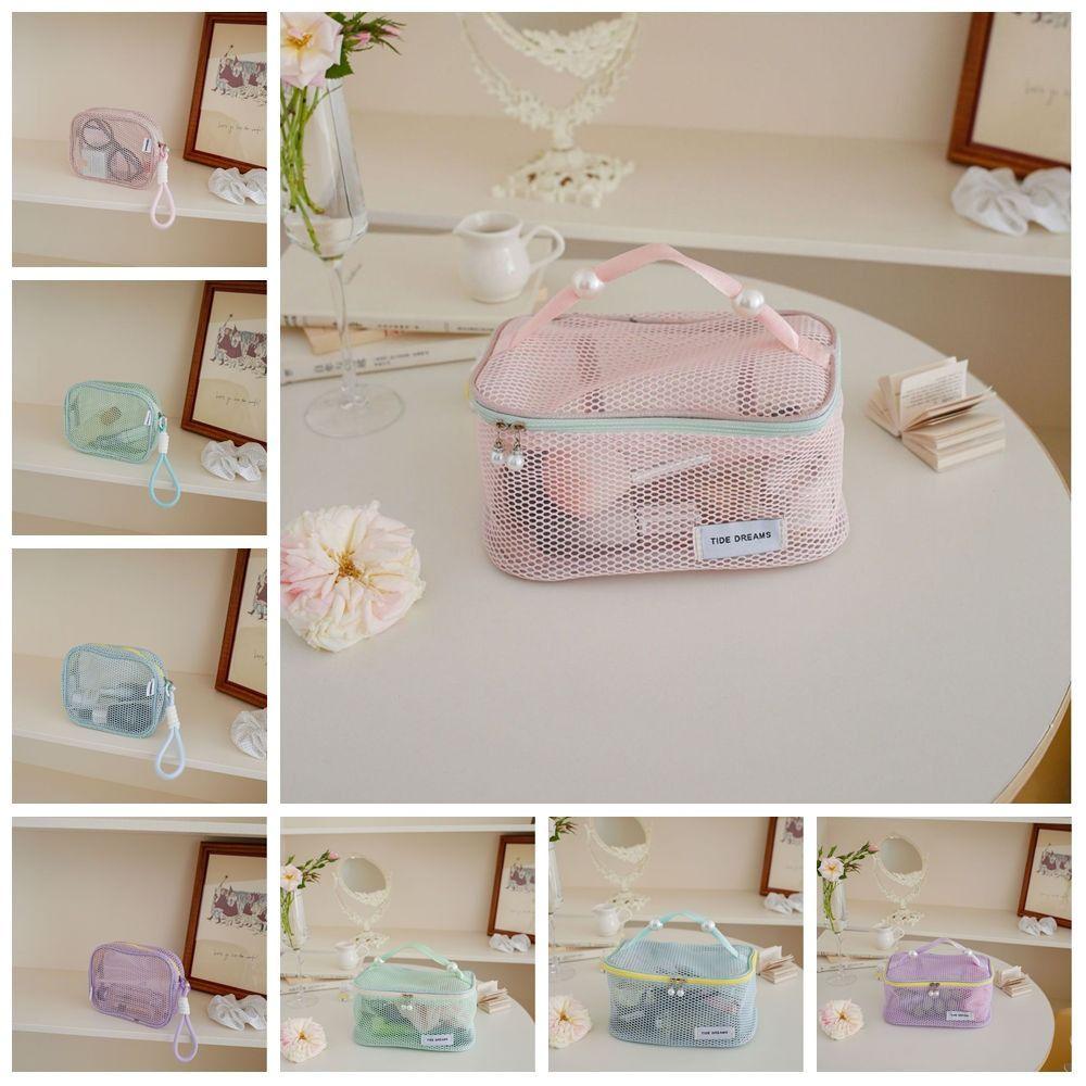 Large Capacity Mesh Cosmetic Bag Solid Color Pillow Makeup Pouch Transparent Makeup Bag  Outdoor