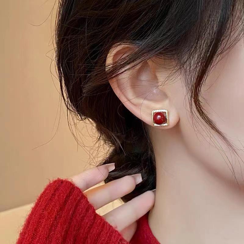 2024 Women's French Retro Red Pearl Earrings - S925 Silver, Simple Design
