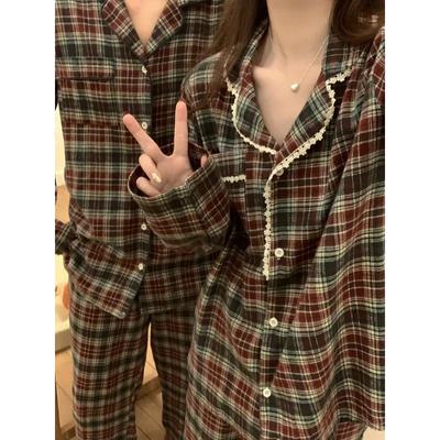 Pijamas de Pareja a Cuadros Otoño e Invierno Retro Cepillado Algodón Puro Un Hombre Una Mujer Conjunto de Ropa para el Hogar Ropa de Exterior