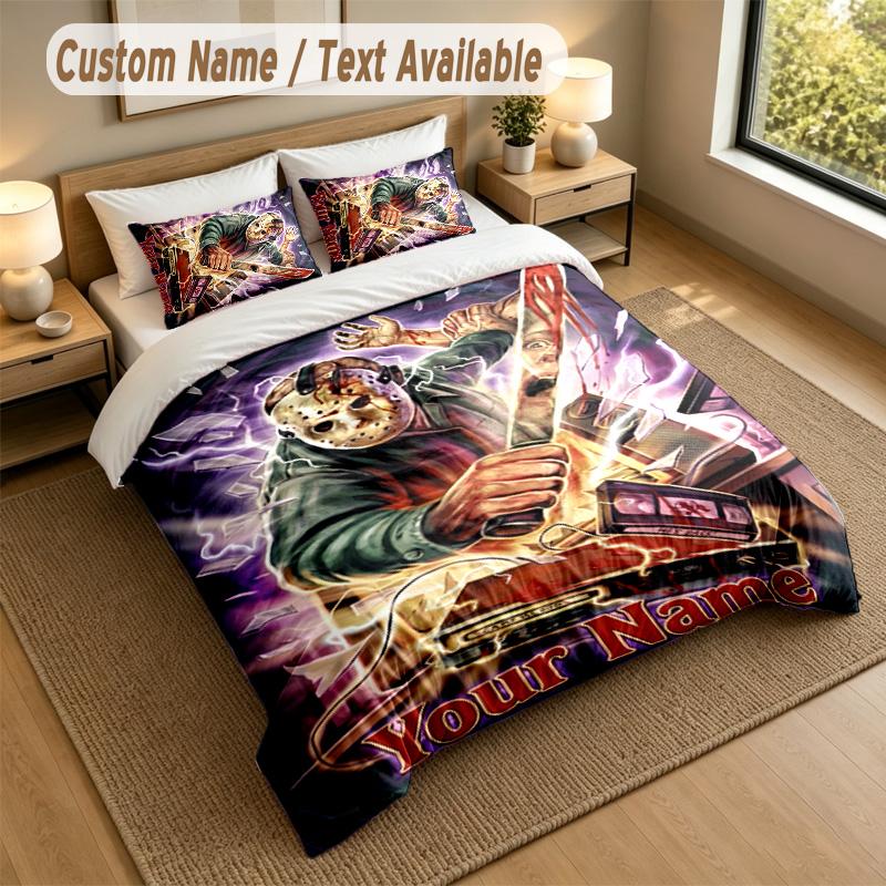 3Pcs Bedding Set Custom Name Text, 1 Sheet 2 Pillowcases Home Bed DecorFriday the 13th Jason Voorhees