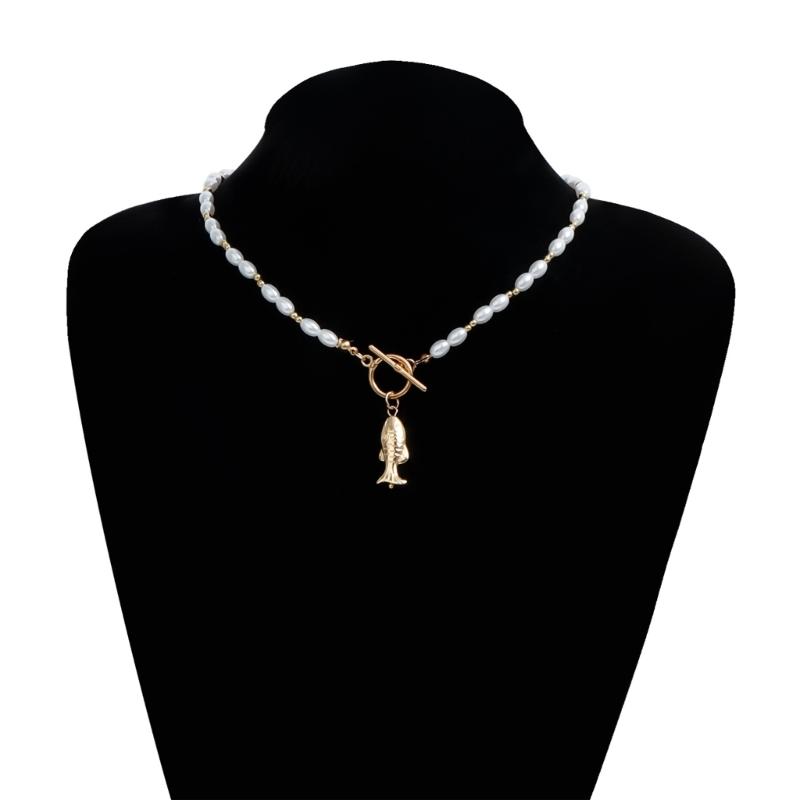 Collana Pendente Creativa a Forma di Pesce Impreziosita da Perle Finte e Perline con Chiusura OT Catena per la Clavicola per Vari Abbigliamenti