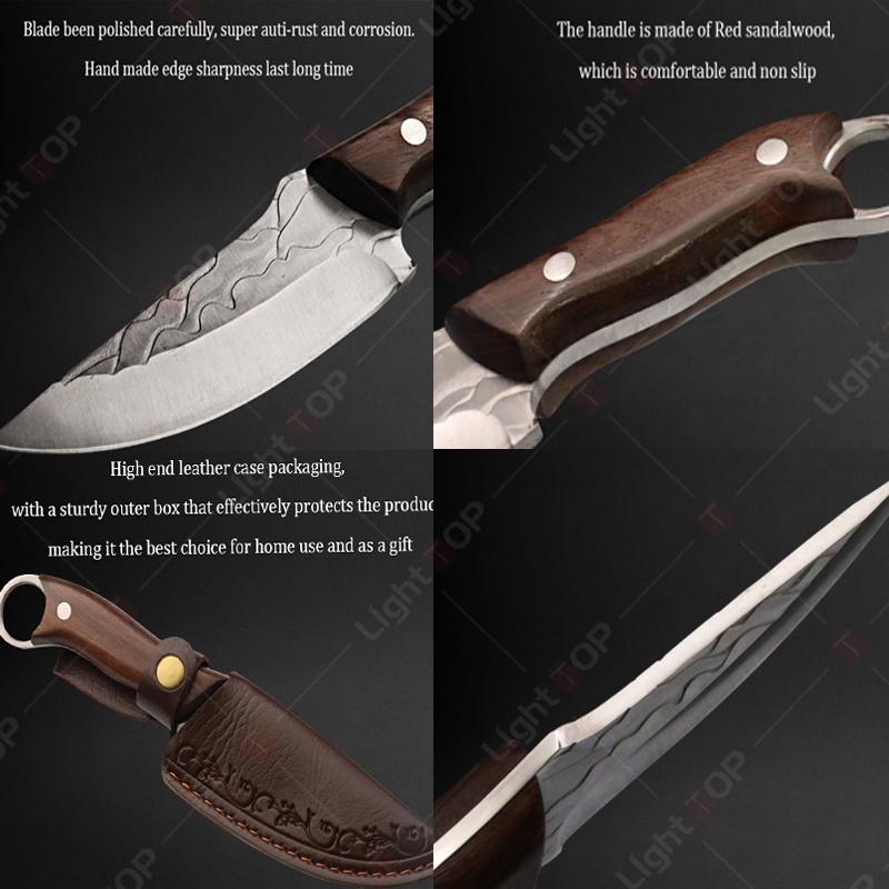 Multifunctional Kitchen Knife Handmade Forged Boning Knife Meat Cutting Fruit Knives Wooden Handle Stainless Steel BBQ Knife