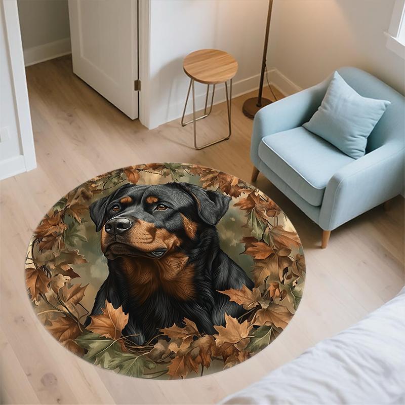 Rottweiler and leaves pattern round rug,Carpet Rug for Living Room Bedroom Playroom ,Non-slip Floor Mat,Holiday Gifts and Birthday Gifts.