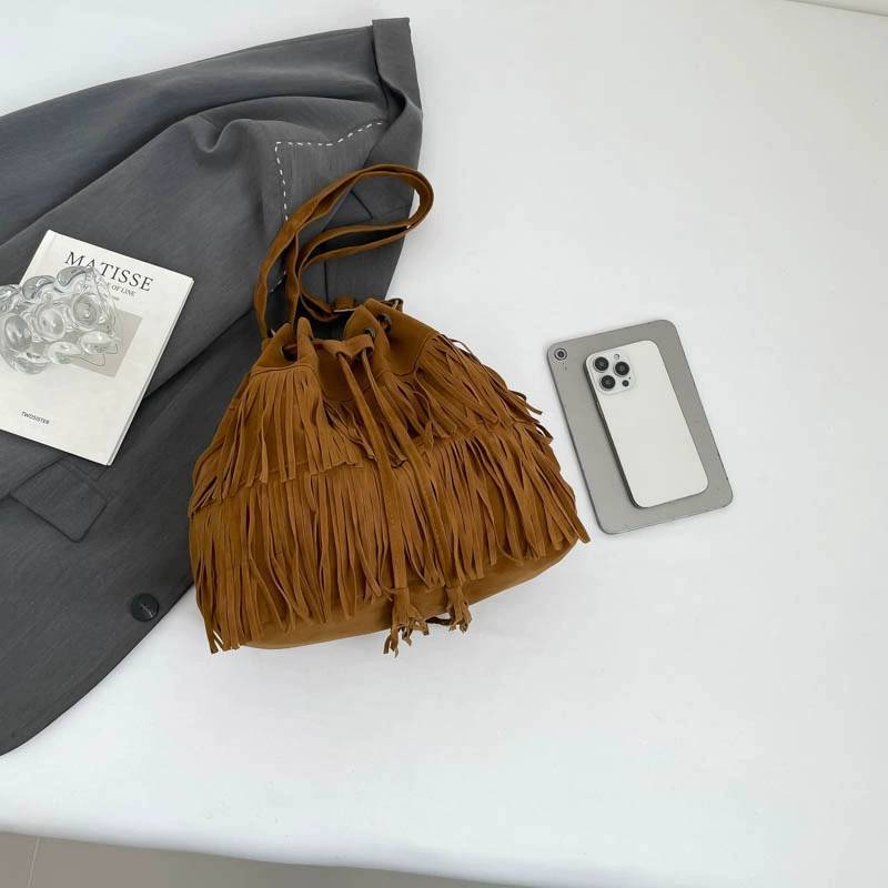 Pu Material Fringe Water Bucket Shoulder Bag With Zipper Pocket For Women