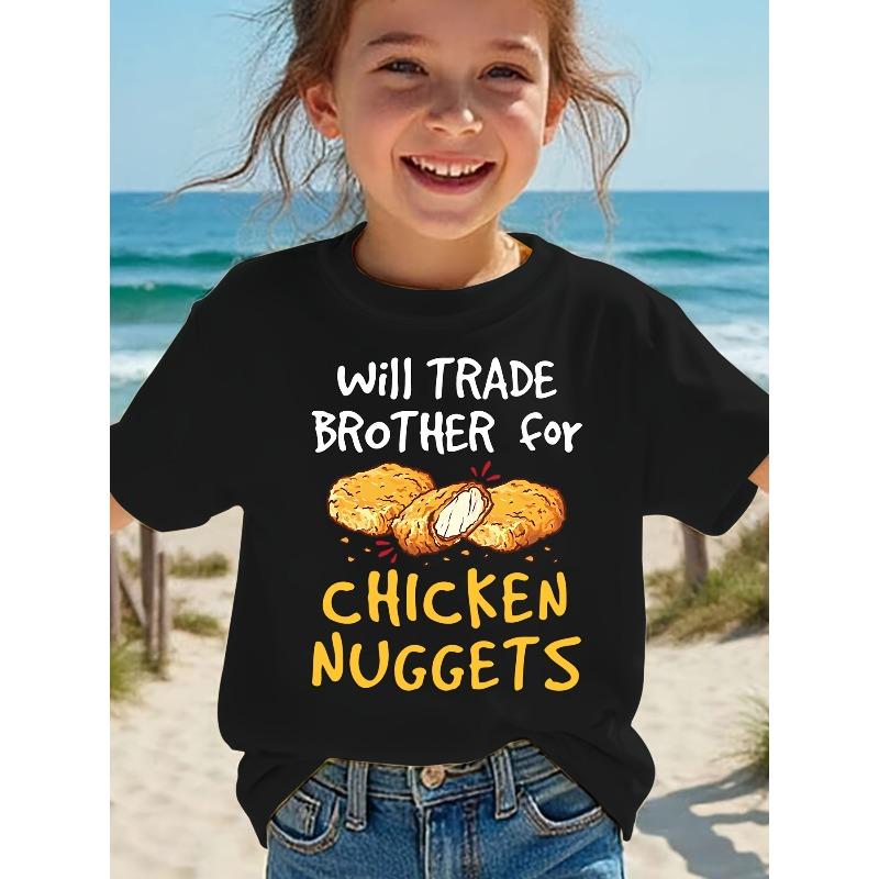 European sizes Summer Fashion Girls Short Sleeve T-Shirt with Chicken Block WILL TRADE BROTHER for CHICKEN NUGGETS Letter Print Casual Top 98cm чёрный