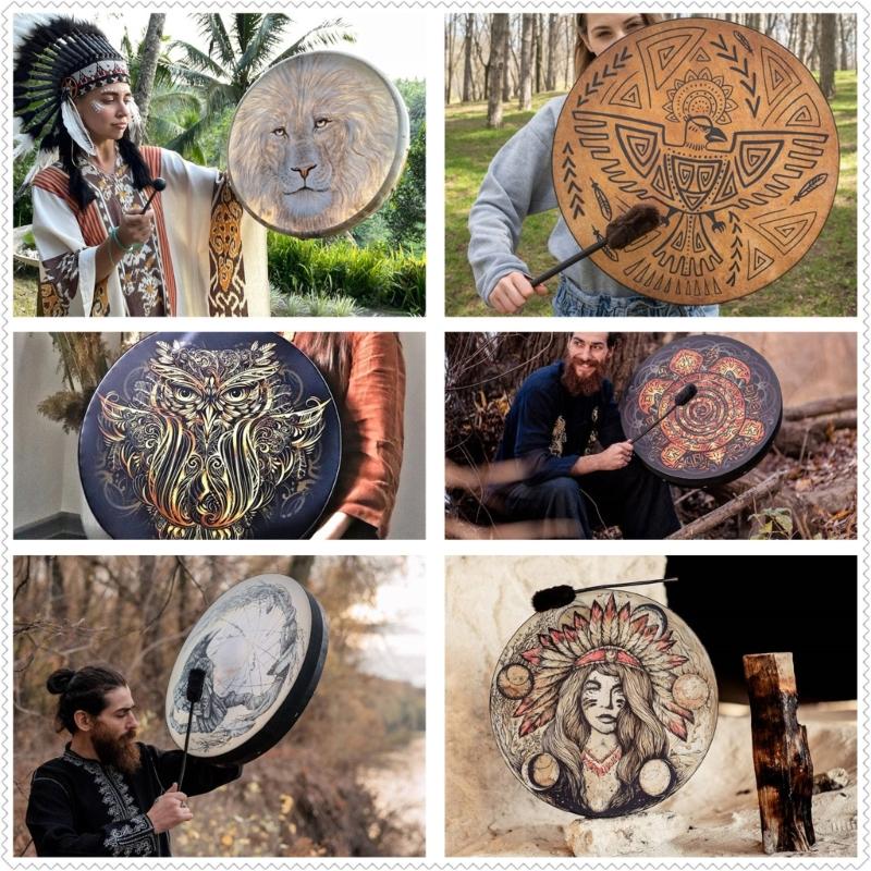 Unique Pattern Shaman Drum With Drumstick Siberian Drum Sound Healing Tool Home Ornament for Spiritual Music Meditation