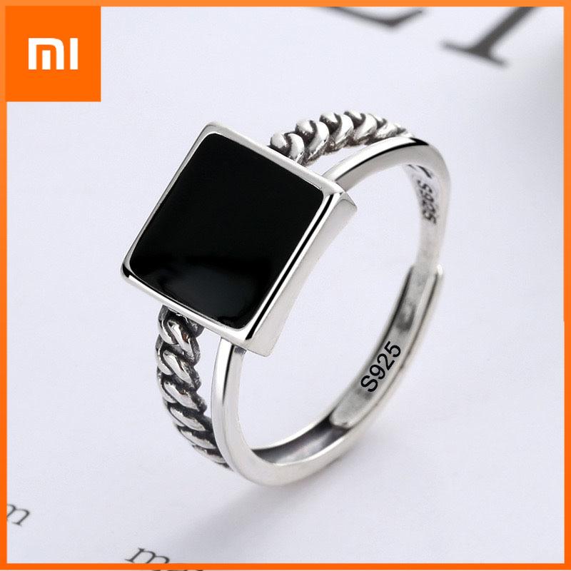 Xiaomi 925 Sterling Silver Rings for Women Couple Minimalist Handmade Simple Wide Square Black Ring Fine Jewelry Gift Prevent Allergy