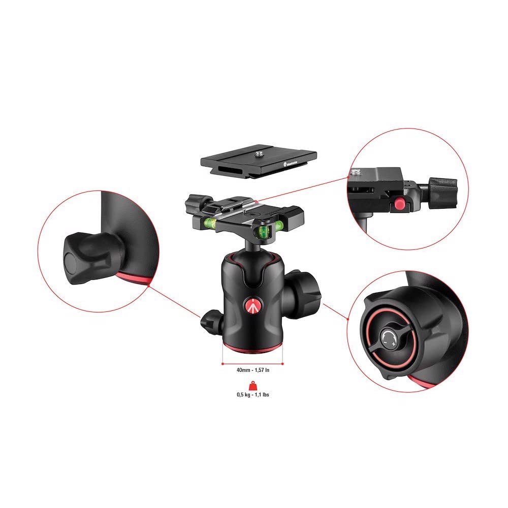 Manfrotto MH496 Aluminum Ball Head with Q6 Center Ball Maximum Payload Capacity Head, 10kg, Arca-Swiss Compatible, MH496-Q6