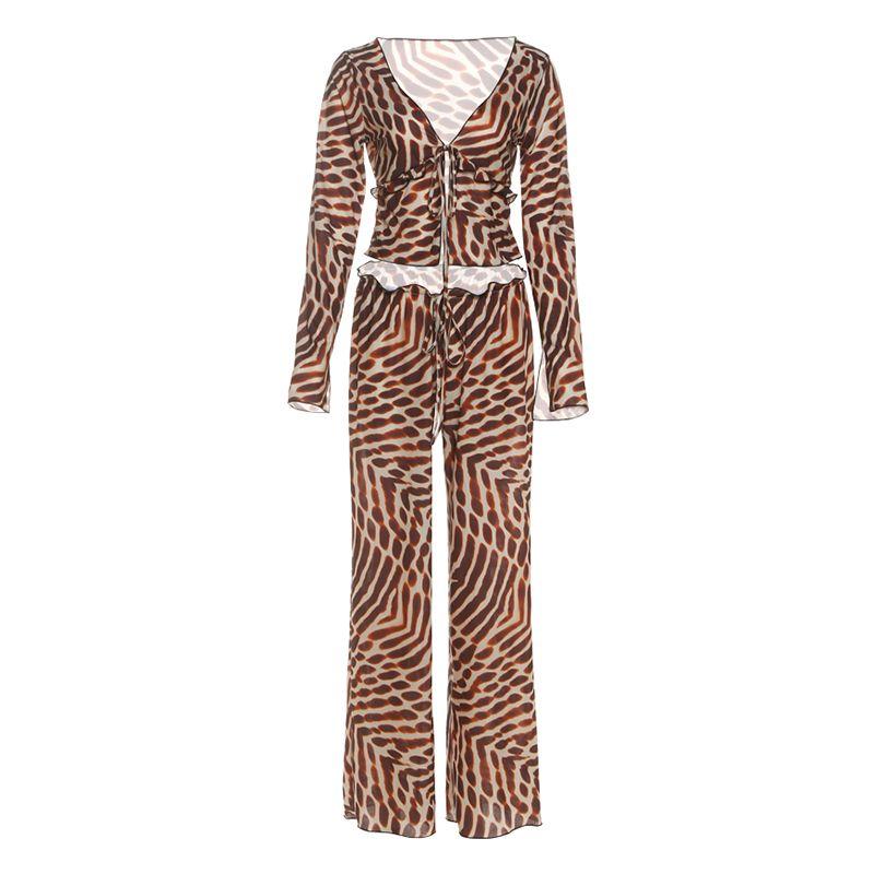 

# Sisjuly# Seaside Sexy Animal Texture Frill Split Long sleeve Top Lace-up Trousers Set Women Summer Brown L