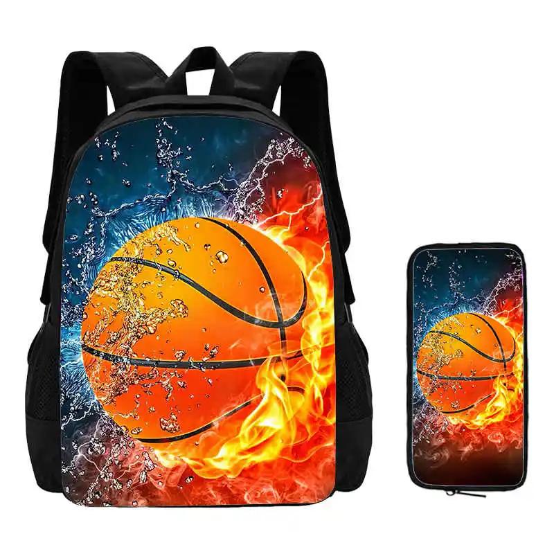 2Pcs Set Basketball Prints School Backpack with Pencil Bags for Kindergarten Cartoon Sports School Bags for BoysKids Backpack