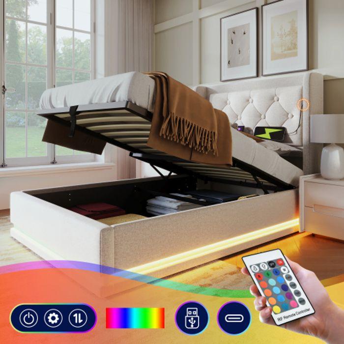 Lit Simple - MUVOE - 90x200 Cm - Tête De Lit Capitonnée - Recharge USB Type-C - LED Intégrée