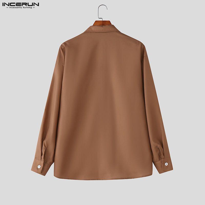 INCERUN Oversized Men Lapel Neck Long Sleeve Striped Print Buttons Up Casual Shirts