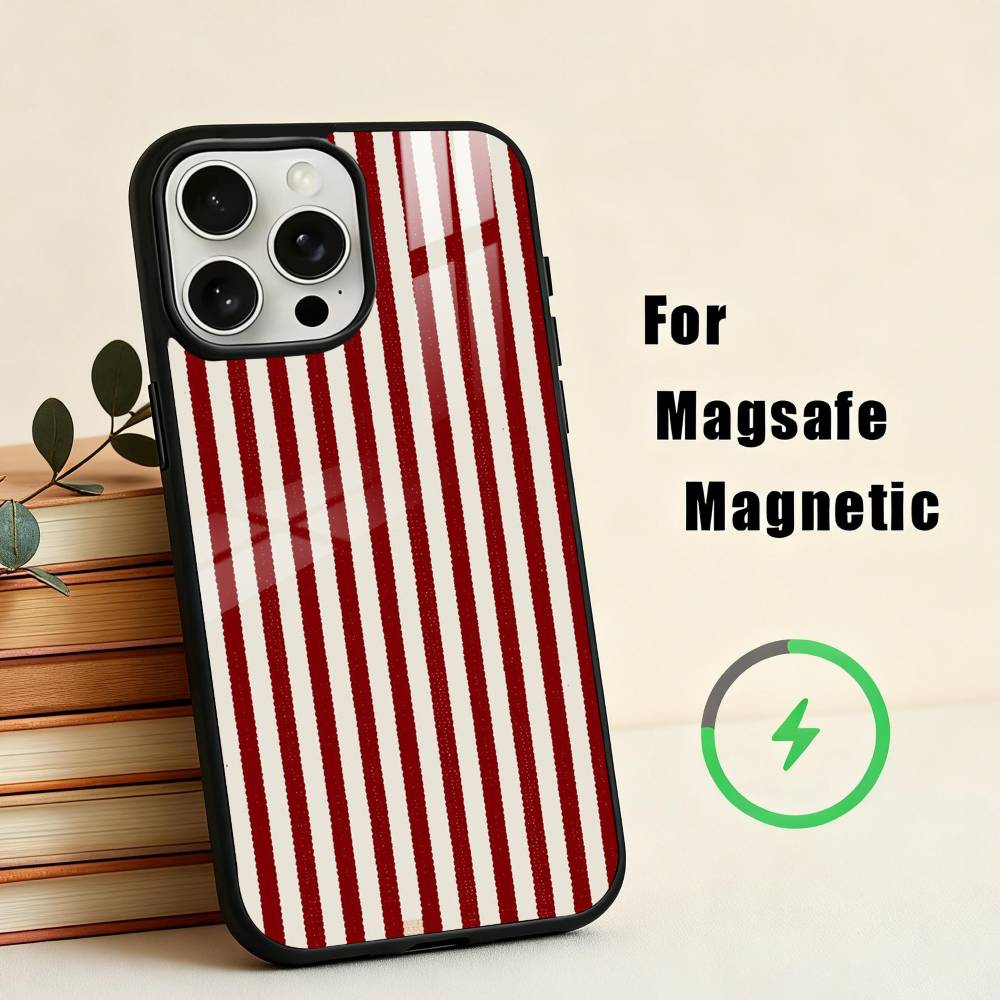 B-Burgundy W-White Stripe Phone Case For iPhone 17,16,15,14,13,12,Plus,Pro,Max for Magsafe Magnetic Wireless Charging