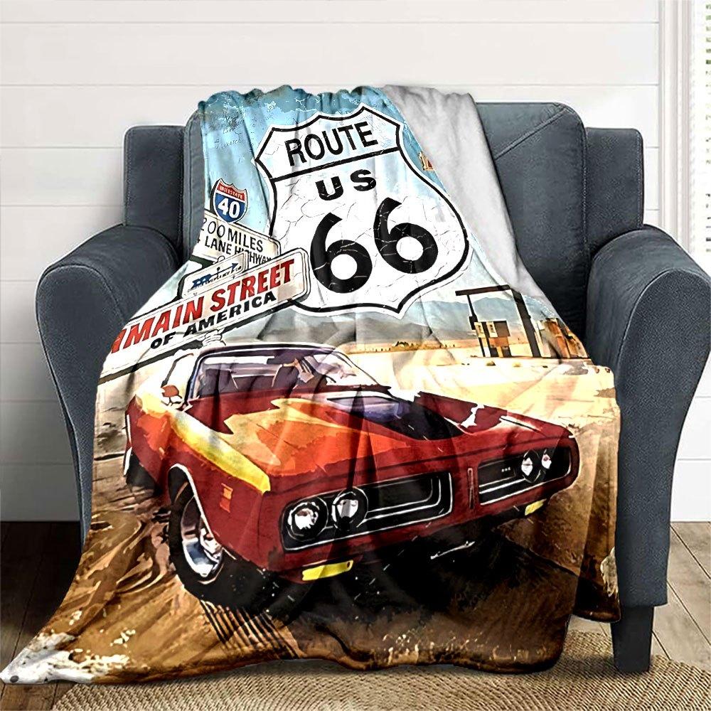 1 stuks Route 66 4 Deken Zacht Warm Plaid voor Huis, Kantoor, Reizen Alle Seizoenen Gezellige Beddengoed Cadeau, Gezellig Kantoor Accessoire