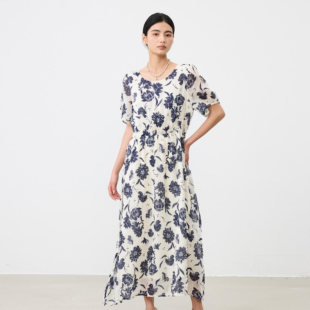 Same Style French Waist Cinched Floral Dress for Women In the Shopping Mall, Summer 2026 Temperament Round Neck Bubble Sleeve Long Skirt