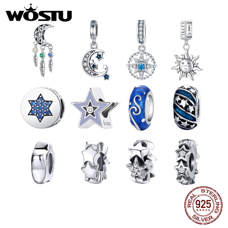 WOSTU 925 Sterling Silver Starry Sky Moon Star Blue Sun Charm Bead Pendant Fit Original Bracelet Necklace For Women Jewelry
