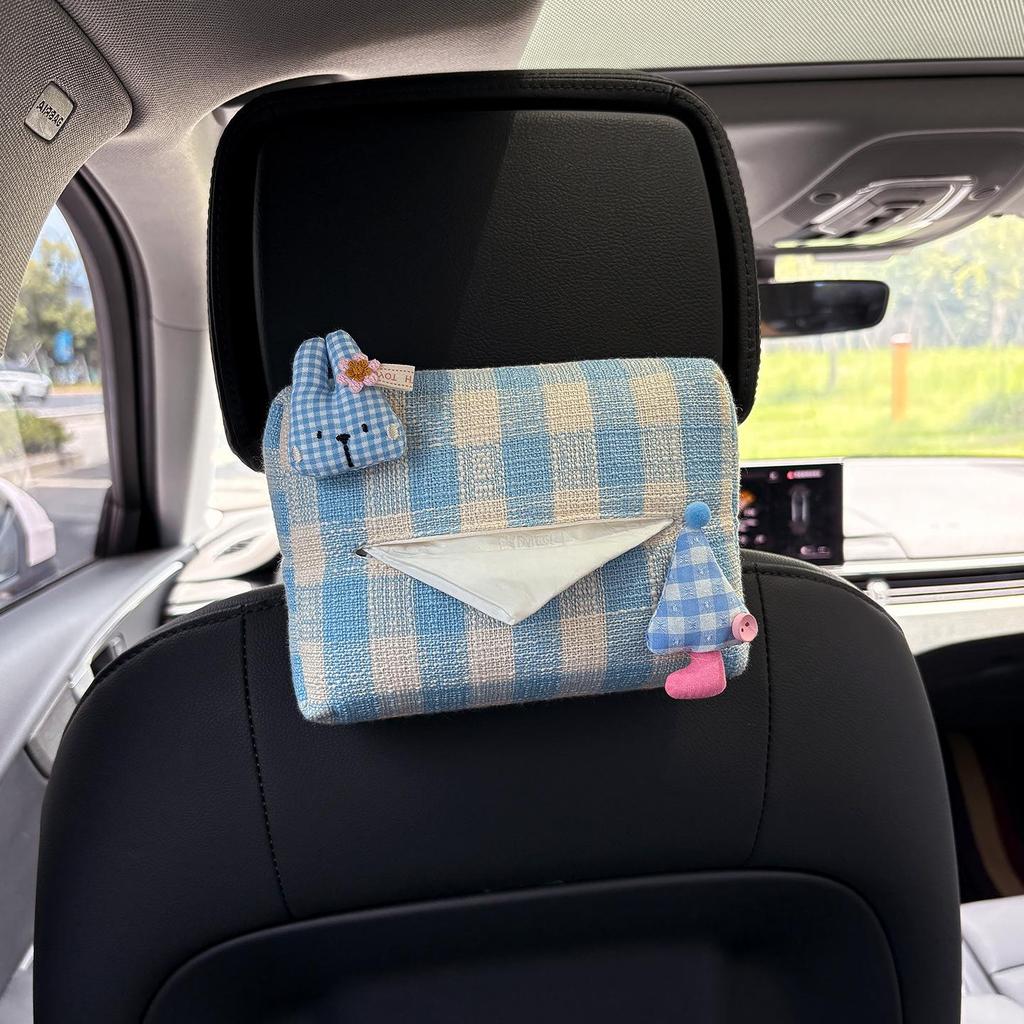 Cartoon Bear & Bunny Plaid Tissue Box for Car Seat Back, Armrest, or Sun Visor
