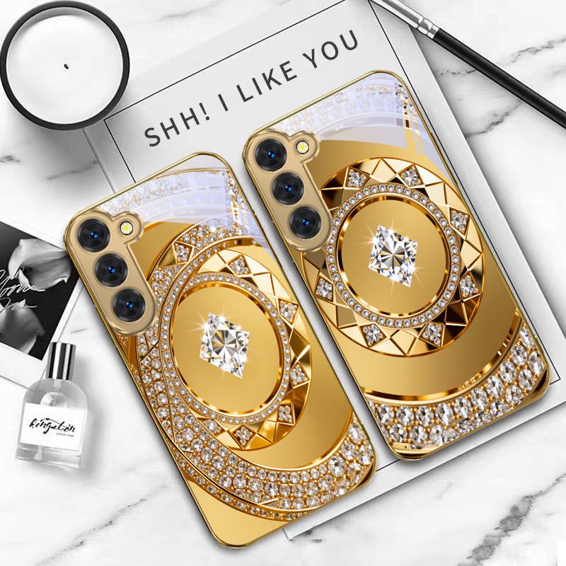Exquisite Jewelry Art For Samsung Galaxy S26 S20 FE S21 S22 S23 Plus S24 Ultra S25Ultra S21+  S22Plus Golden glass phone case