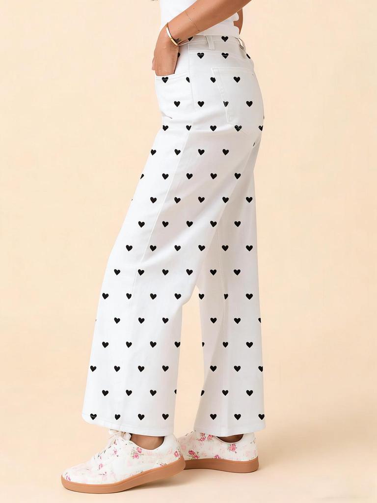 Women's White Heart Denim Pants - High Stretch, Slim Fit, Wide Leg