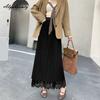 French Style Autumn Winter Women Midi Skirt High Waist Black Beige Brown Hollow Out Skirt Elegant Feminine Ladies' Skirts Womens