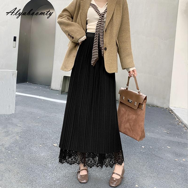 French Style Autumn Winter Women Midi Skirt High Waist Black Beige Brown Hollow Out Skirt Elegant Feminine Ladies' Skirts Womens