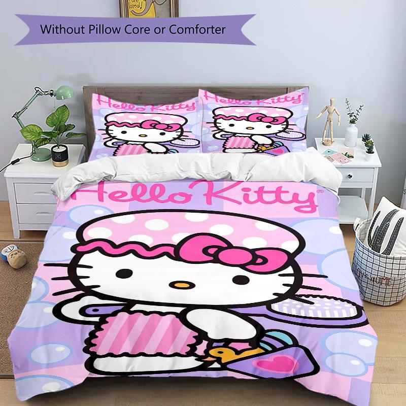3pcs Bath Hello Kitty Print Cover Set Ultra Soft, Breathable, and Comfortable Bedding with Stylish Design for Bedroom and Guest Room Decor 1 Cove
