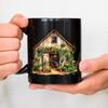 Ceramic Mug, Black Country Cottage Design with Plant and Book Motifs, Perfect for Coffee, Tea or Hot Drinks