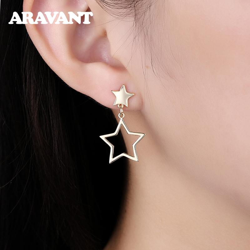 925 Sterling Silver Hollow Star Gold Long Drop Earring For Women Fashion Jewelry