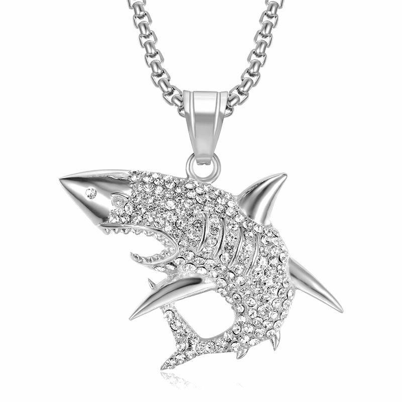 

White Shark Pendant Necklace 2026 Jewelry Fashion Trend Inlaid Zircon Necklace Men s Exquisite Jewelry Necklace 60CM