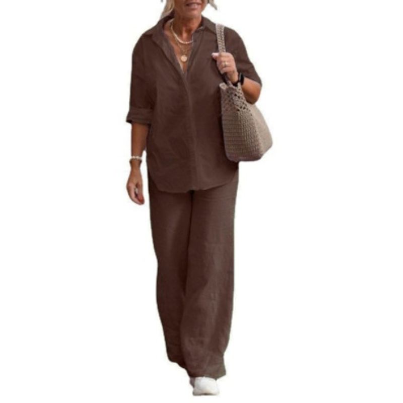Lapel Long sleeve Shirts Spring and Autumn Leisure Solid Color Pants Wide Leg Suit Casual Top and Pants Set