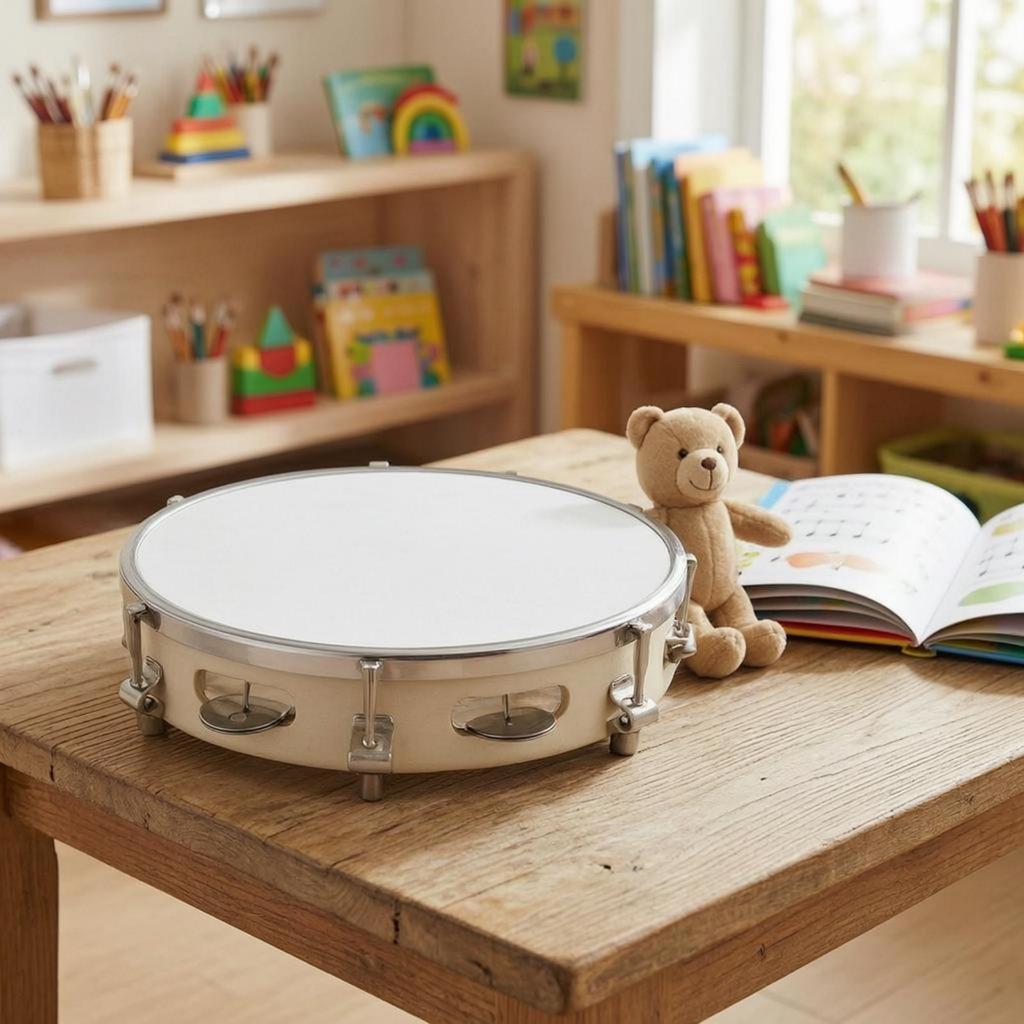 Wooden Tambourine White Drumhead with Metal Discs Handheld Hand Drum