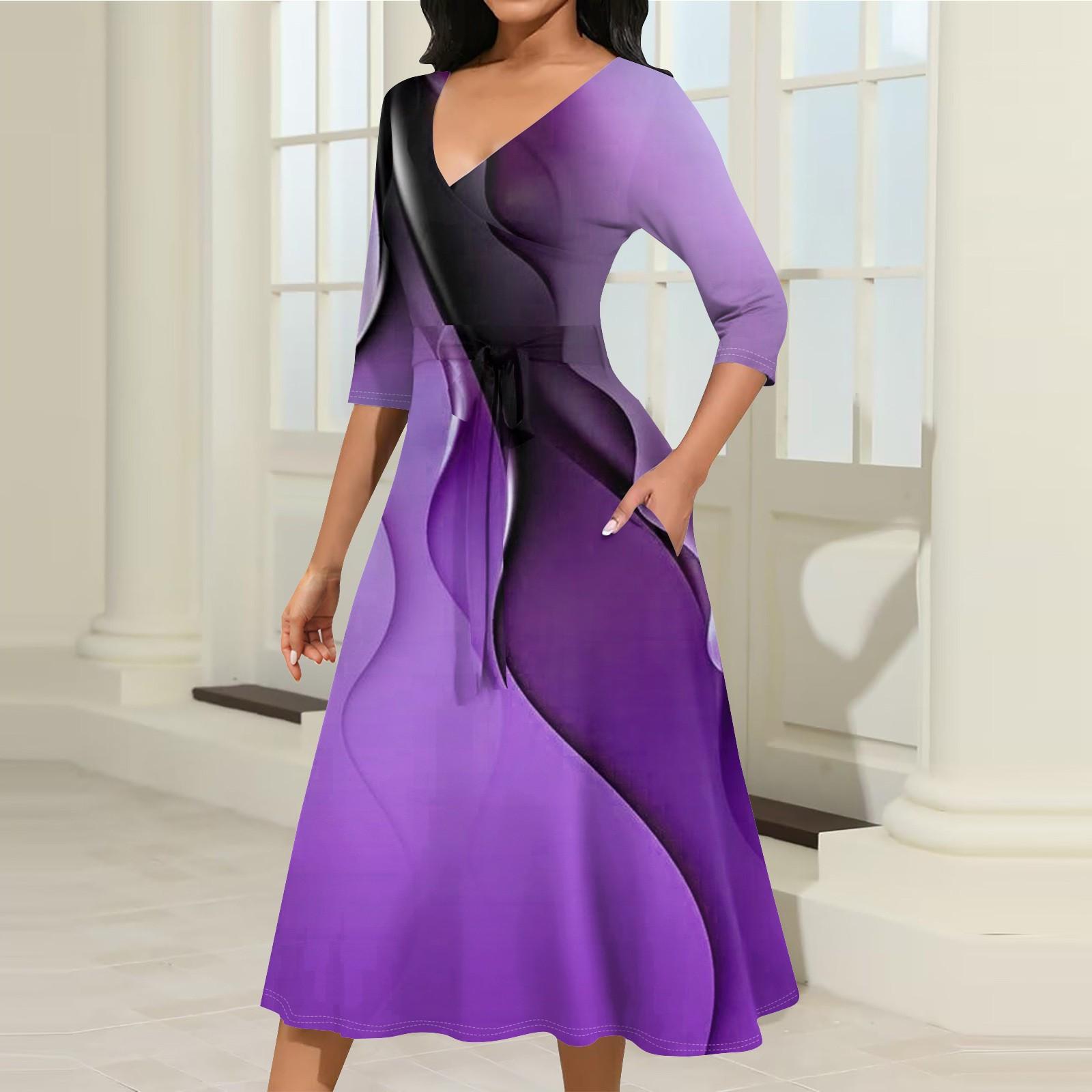 

Женское повседневное модное платье миди с V-образным вырезом и рукавом три четверти XL фиолетовый