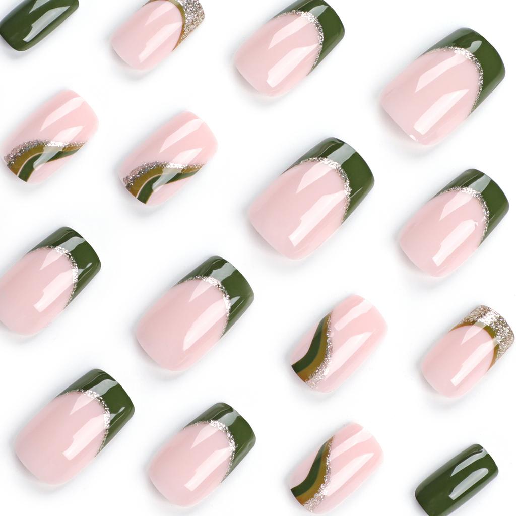 French Gold Glitter Nails Green Solid Color Manicure Fake Nail Patch Nail Nail Nail Piece Nails